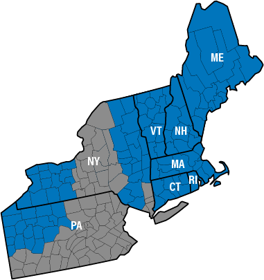 Map of the the Northeast, including Maine, New Hampshire, Vermont, Massachusetts, Connecticut, Rhode Island, New York and Pennsylvania