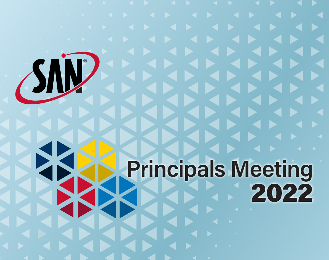 Graphic with blue triangular pattern background, SAN logo, and Principals Meetings 2022