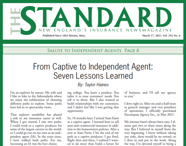 Screenshot of article from The Standard, "From Captive to Independent Agent: Seven Lessons Learned"