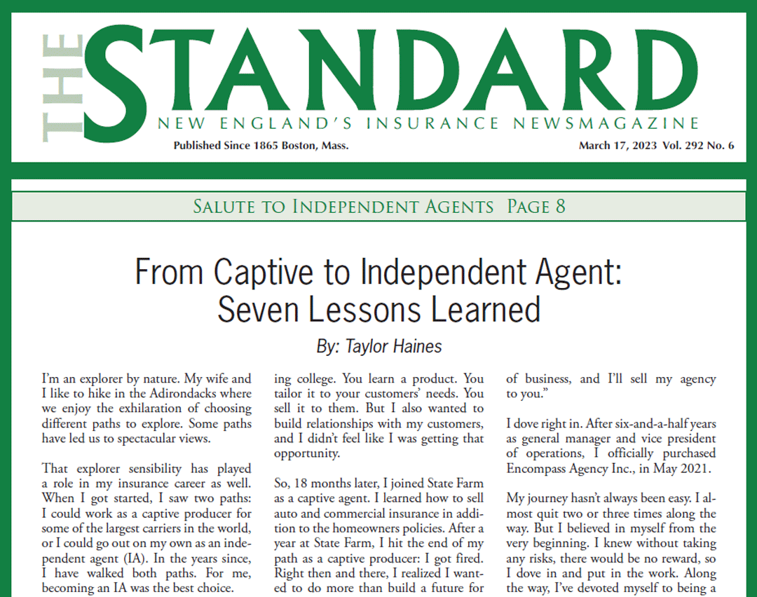 Screenshot of article from The Standard, "From Captive to Independent Agent: Seven Lessons Learned"
